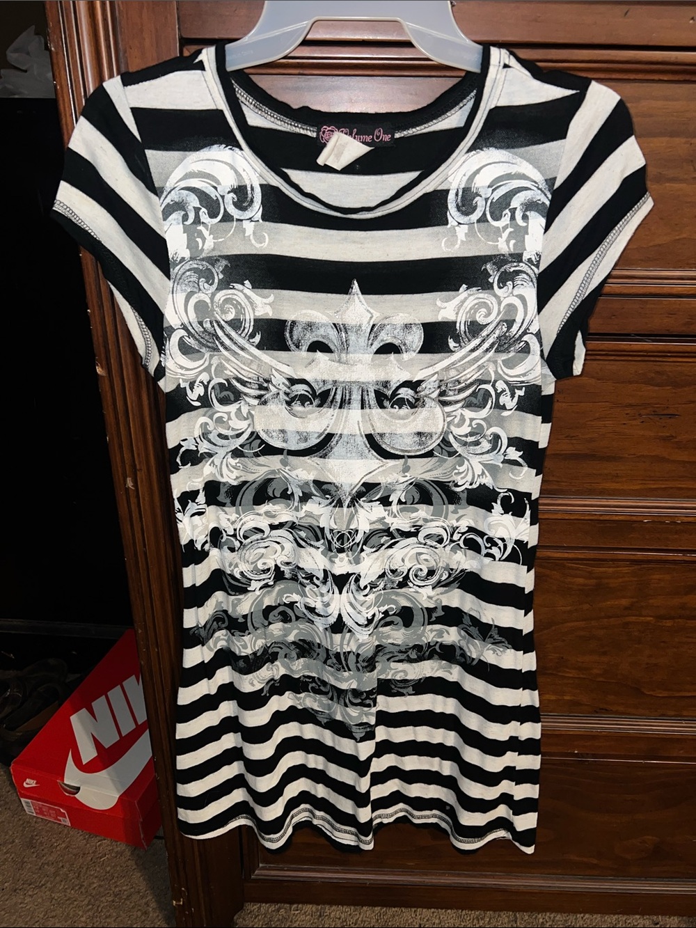 Striped Black & White Mini Dress with Ornate Front Print